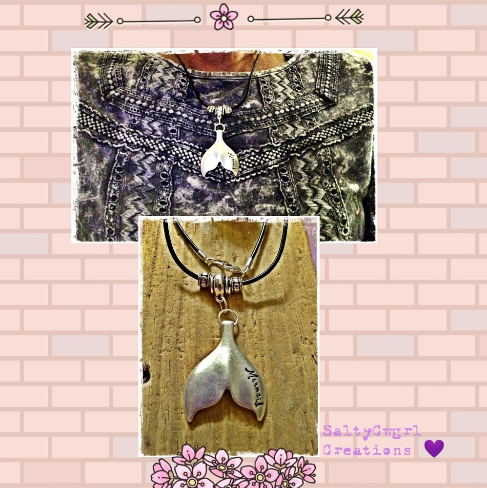 Silver Tone Mermaids Fin With Boho Bali Beads on Black Leatherette Cord Necklace